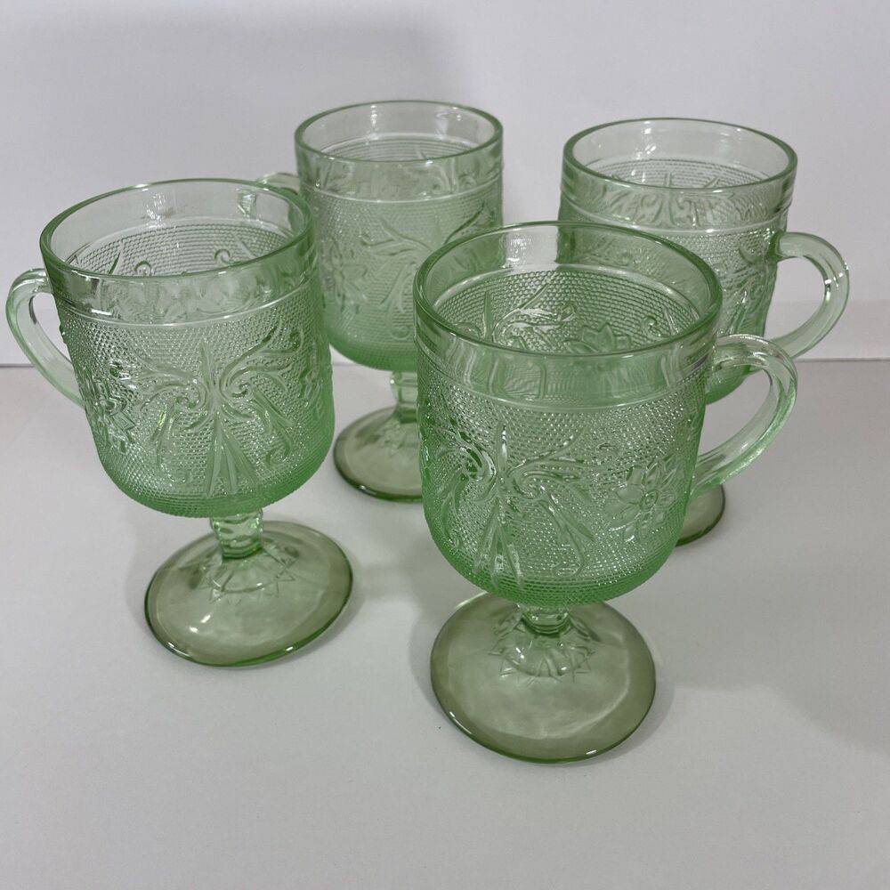 Set of Four (4) Footed, Tiara Chantilly Green Glass Mugs with Handles